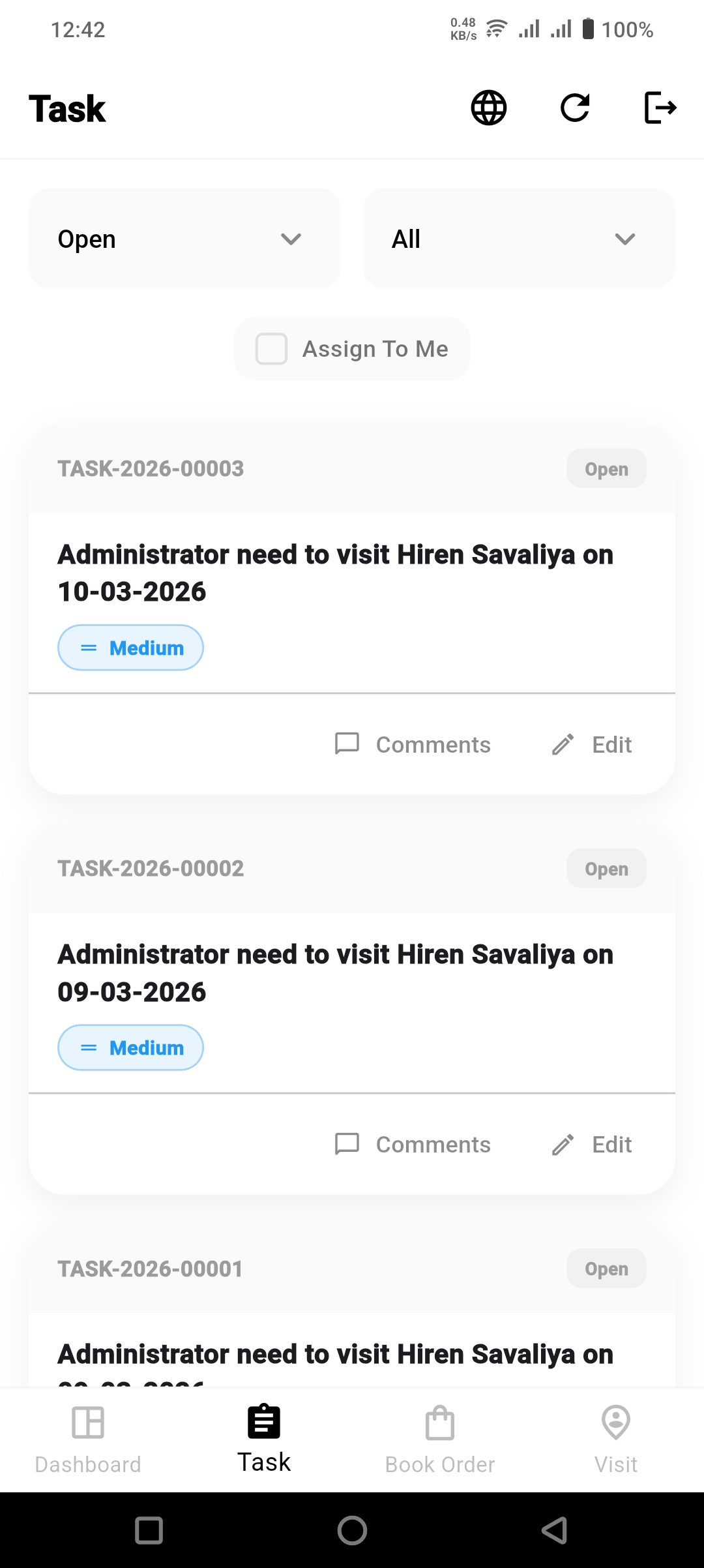 Visit Scheduling Screen